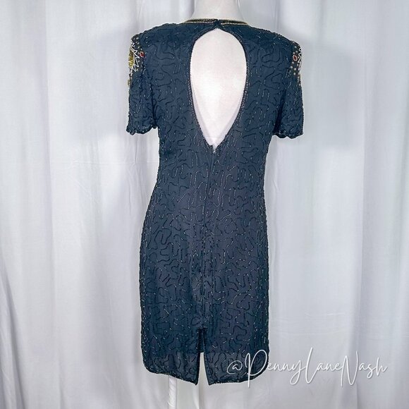 Laurence Kazar Vintage 80s Silk Bead-Sequin Dress Black - Picture 7 of 14